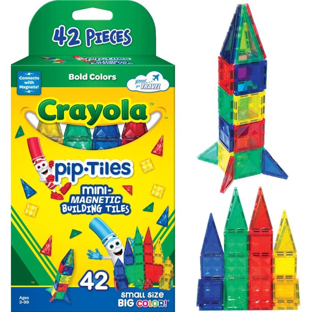 CreateOn Crayola Mini Magnetic PIP-Tiles, Building Set for Kids, Magnetic Building Toys for Kids, STEM Travel Toys for Boys and Girls Ages 3+, 42-Piece Set (Bold)