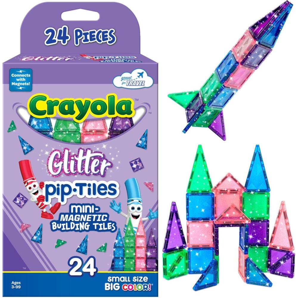 CreateOn Crayola Mini Magnetic PIP-Tiles, Building Set for Kids, Magnetic Building Toys for Kids, STEM Travel Toys for Boys and Girls Ages 3+, 24-Piece Set (Glitter)